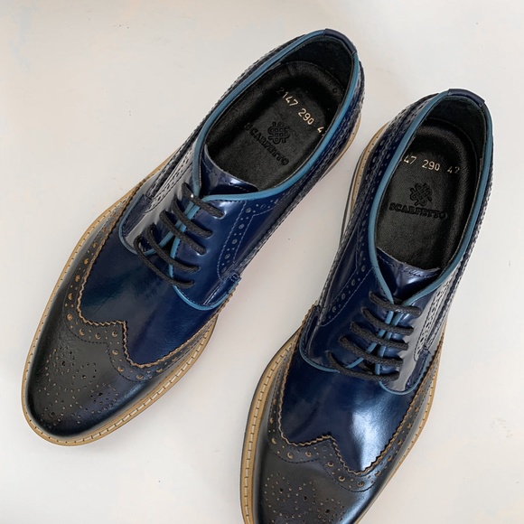 Navy Blue Wingtip Derby Leather Dress Shoe - Picture 3 of 7